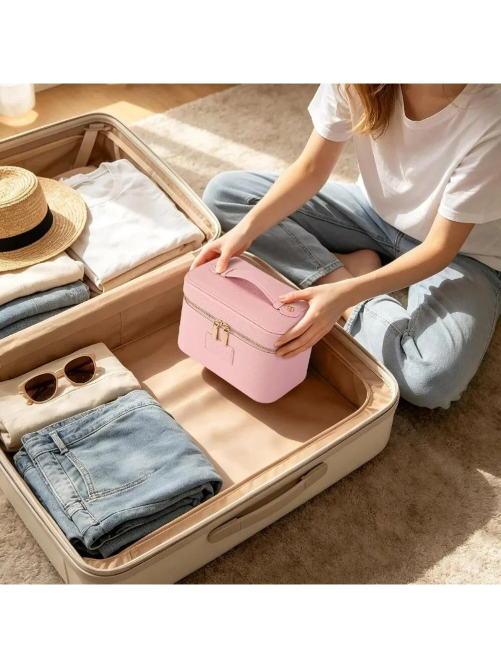 Stylish Pink Waterproof Makeup Bag - Travel Toiletry Organizer with Brush Holder